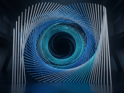 Modern art installation featuring a spiral vortex of metallic blue and silver rods inside a dark gallery, ideal for creative architecture backgrounds