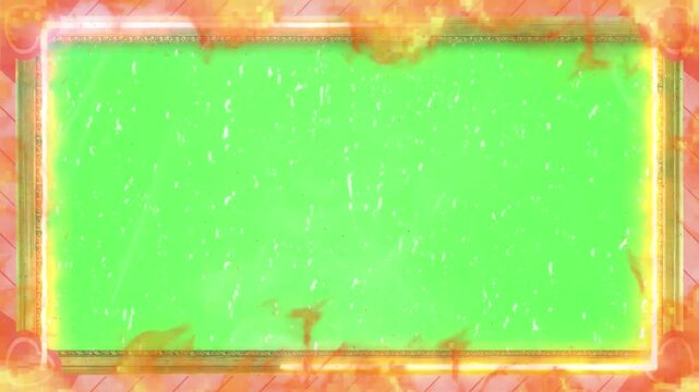 Chroma key screen surrounded by a glowing rectangular border and warm colored abstract framing elements used for professional video editing and production tasks.