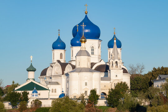 Cathedral of the Bogolyubovo Icon of the Mother of God and the Nativity church of the Bogolyubovo convent on a September day. Vladimir region, Russia