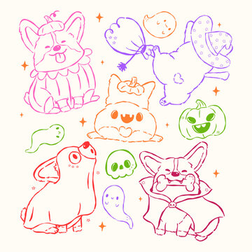 Cute Halloween corgi dog outline set, spooky costume playful hand drawn doodle whimsical cartoon character