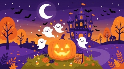 Fototapeta premium Cute Halloween vector background glowing jack o lantern carved pumpkin haunted castle cute ghosts