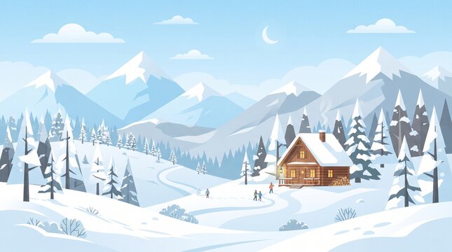 Winter mountain landscape vector cozy wooden cabin house snowy forest valley illustration