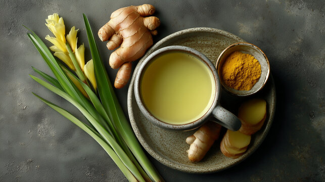 Top view of herbal tea with turmeric and fresh herbs for wellness