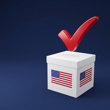 Voting ballot box with American flag design and red check mark symbolizing voter registration and participation in elections against a dark blue background