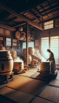 A serene, hyperlocal scene of a traditional sake brewery in Japan, with wooden barrels, a rice steamer, and a craftsman in a happi coat, Ai generated image