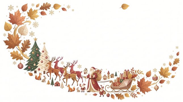 Watercolor christmas composition with santa claus in sleigh and autumn leaves border