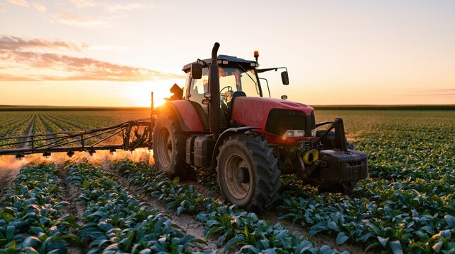 The Tractor in a Golden Sunset Spraying Field at Dusk