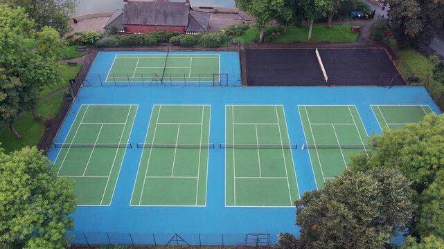 Aerial Video of Alexandra Park Tennis Courts and Boathouse in Oldham, Greater Manchester. 