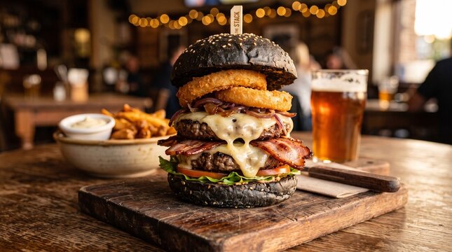 Gourmet black bun beef burger with melted cheese and onion rings. Rustic pub meal with fries and craft beer. Hearty charcoal burger on wooden board.