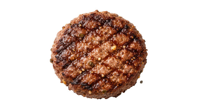 Juicy grilled beef burger patty with visible grill marks, isolated on transparent background