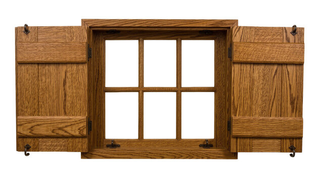 Open wooden window with six panes and rustic shutters, isolated on transparent background