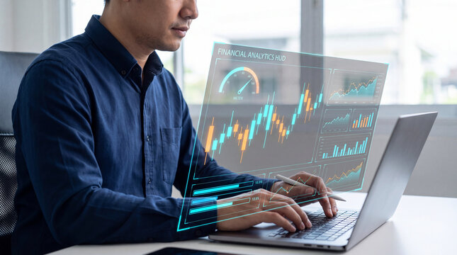 Financial trader typing on laptop analyzing stock market candlestick growth chart with virtual hologram interface showing business outperform performance metrics in modern office
