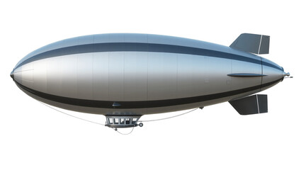 Sleek silver blimp with dark stripes and gondola, isolated on transparent background © JOSEPH