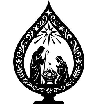 Holy Family Nativity Scene Inside Teardrop Ornament Frame, Baby Jesus in Manger Drop Bauble Ornament, Luke 2 Christmas Vector Silhouette