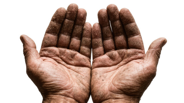 Rough dry dirty hands cupped upwards, isolated on transparent background