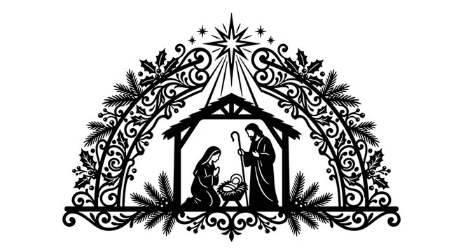 Holy Family Nativity Scene in an Elegant Christmas Wreath, Christian Holiday Design