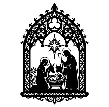Nativity Scene in an Ornamental Church Window, Holy Family Christmas Silhouette