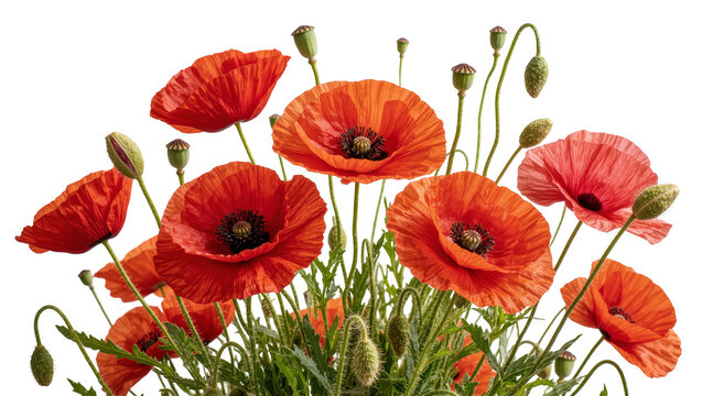 Vibrant red poppy flowers with green buds and stems, isolated on transparent background