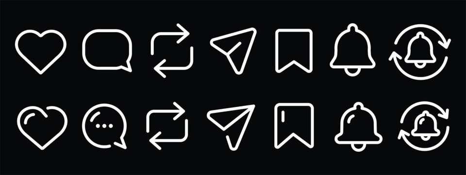 Instagram icons set, Social media interaction, notification icons including like, comment, repost, share and save icon symbol. like icon, favorite heart, share save, symbol 
