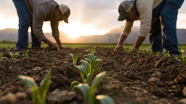 The Seedlings in Dawn Light as Farmers Tend Young Crops in Soil