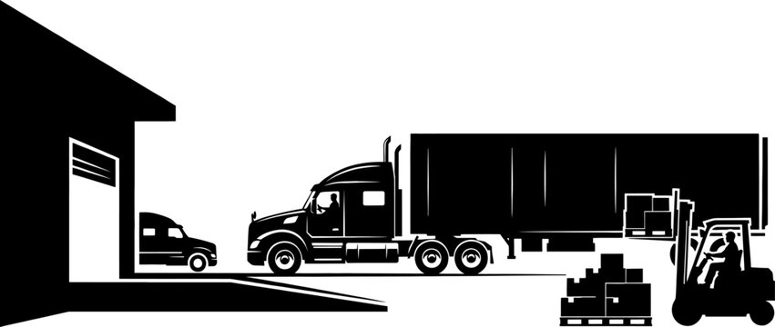 Silhouette of a warehouse loading dock with a semi truck, trailer, forklift, and stacks of shipping boxes on pallets