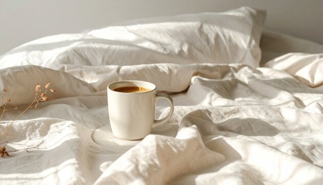 Coffee Cup on Bed in the Morning Cozy Bedroom Breakfast with Hot Espresso and Relaxing Start to the Day