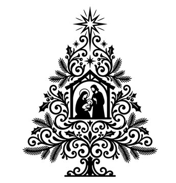 Filigree Christmas Tree Nativity Scene Vector, Adoration of Infant Jesus in Pine Tree Frame, Scroll Saw Pattern Vector Silhouette