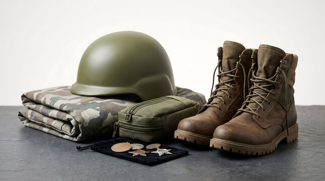 Military equipment including a green helmet, combat boots, camouflage blanket, and medals on a table.