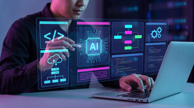 Software engineer developing artificial intelligence algorithm with flowchart architecture, coding scripts and cloud computing system using futuristic holographic HUD interface on laptop