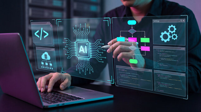 Software engineer developing artificial intelligence algorithm with flowchart architecture, coding scripts and cloud computing system using futuristic holographic HUD interface on laptop