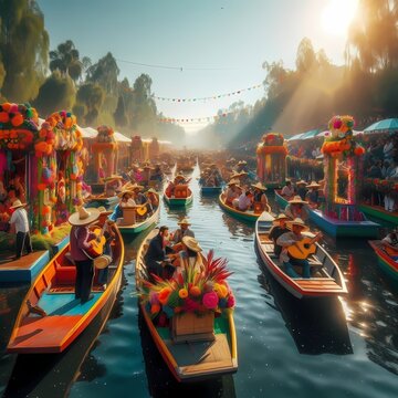 A wide shot of the famous floating gardens of Xochimilco in Mexico City, with colorful wooden boats trajineras and a local mariachi band, Ai generated image