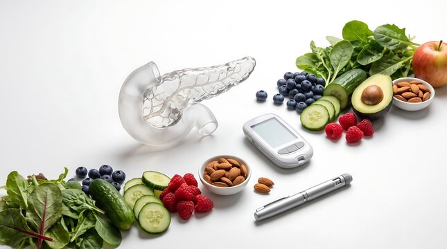 Medical model of a human pancreas surrounded by healthy food and diabetes monitoring tools.