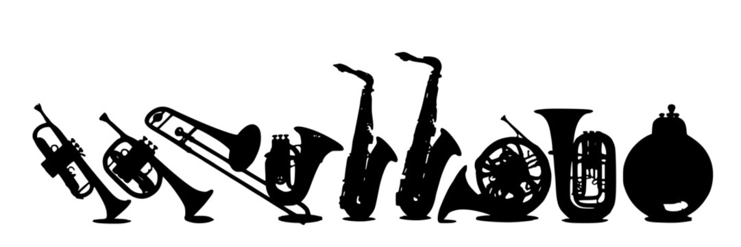 Vintage Brass Instruments, Silhouette Icons Set, Musical Instruments Design, Retro Style Illustration