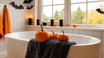 Fototapeta premium The Bathtub Pumpkin Decor in a Bright Autumn Halloween Bathroom