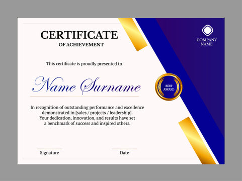 Elegant white‑blue‑gold design with &ldquo;BEST AWARD&rdquo; emblem, honoring outstanding performance in sales, projects, or leadership.