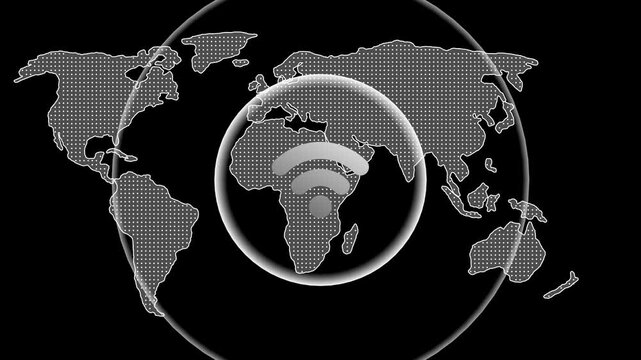 Global wifi signal icon with digital world map on black background