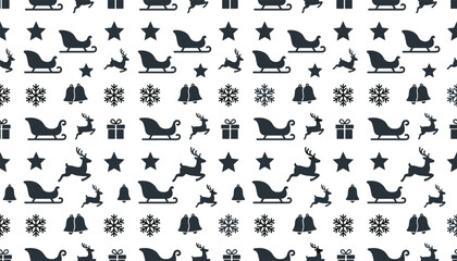 Obraz premium Seamless monochrome Christmas pattern vector background featuring minimalist dark grey silhouettes of Santa sleighs, jumping reindeer, stars, bells, and holiday gifts