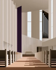 Obraz premium Minimal modern church nave interior with organ pipes, purple advent banners and altar for advent season poster, worship bulletin, background and design templates