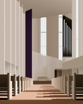 Minimal modern church nave interior with organ pipes, purple advent banners and altar for advent season poster, worship bulletin, background and design templates