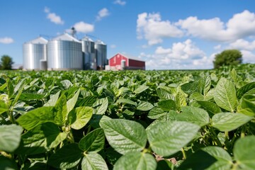 Obraz premium The Soybean Field Under Bright Sky With Silos And Red Barns