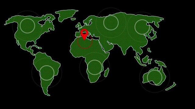 Green digital world map with glowing circles on a black background