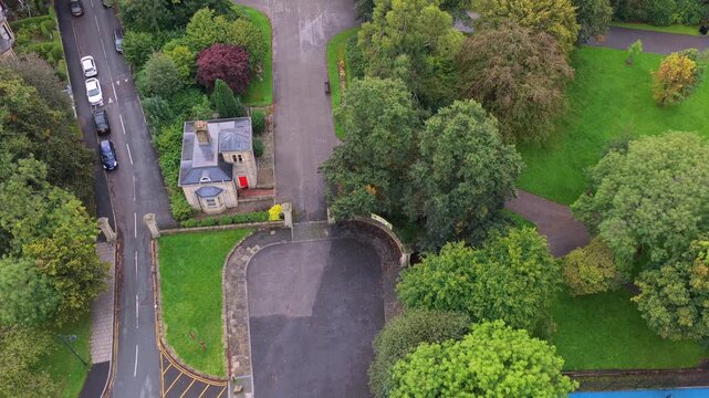 Aerial video of Alexandra Park Entrance Lodge and Grounds at Oldham, Greater Manchester. 