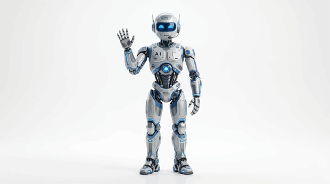 Futuristic humanoid robot waving friendly hello hand isolated on white background