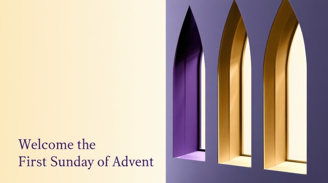 Advent church welcome poster design with purple and gold arched windows for first sunday of advent flyer background