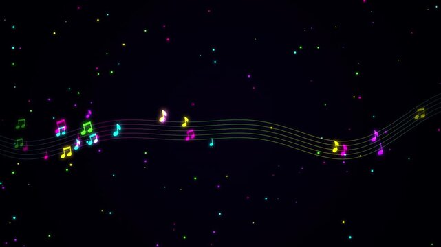 Colorful musical notes floating on a dark background with glowing particles