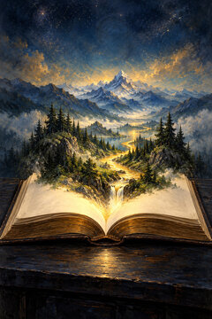Fantasy landscape emerging from open book pages with river, mountains, and starry night sky, magical storytelling concept