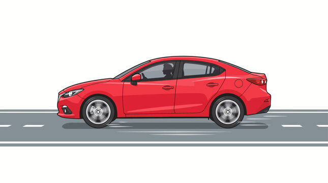Modern red sedan passenger car driving fast on an asphalt road side view