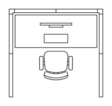 Office workstation with desk and chair top view black line drawing.