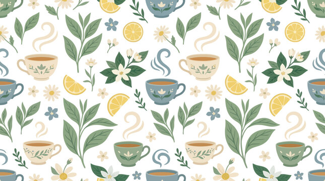 Seamless Pattern: Tea Cups, Lemon Slices, and Botanical Leaves