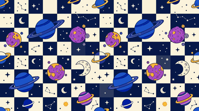 Whimsical Space Pattern: Planets, Moons, Stars on Checkerboard Background
